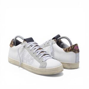 P448 John Womens Sneakers White Leopard Print Glitter Low Top Size 41 / 9.5